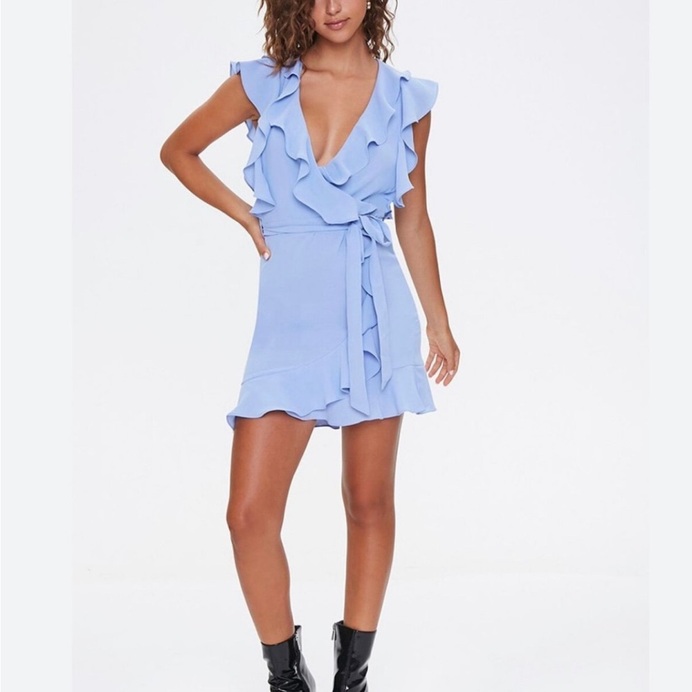 Light blue shiffon ruffle trim wrap dress size S Forever 21